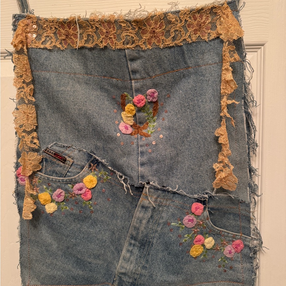 Floral Embroidered Denim Shoulder Bag